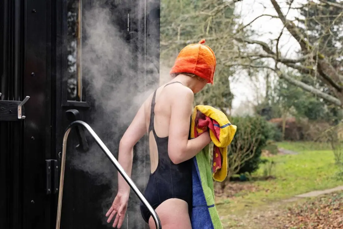 Stepping out of the sauna into the orchard